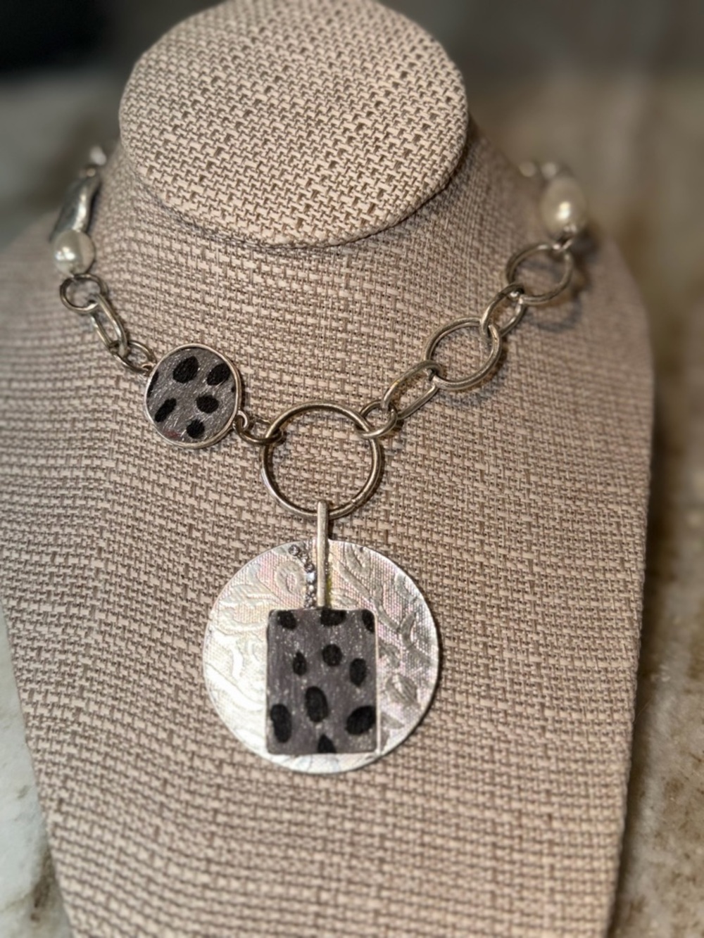 Silver Chain Necklace with Black and Gray Spot Pendant